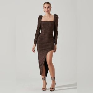 VANOZZA METALLIC LONG SLEEVE MIDI DRESS- brown- M. maternity, bump friendly